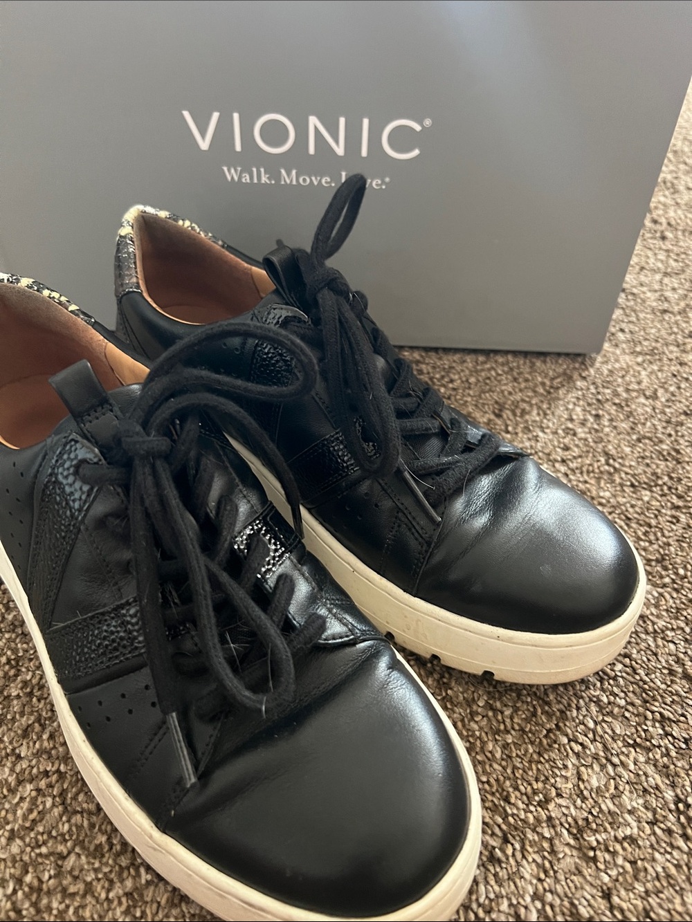 Vionic Black Leather Lace-Up Sneakers with White Platform Soles